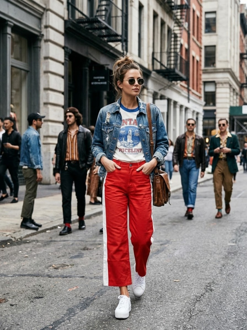 baldwin Red Wide-Leg Jeans with White Side Stripe